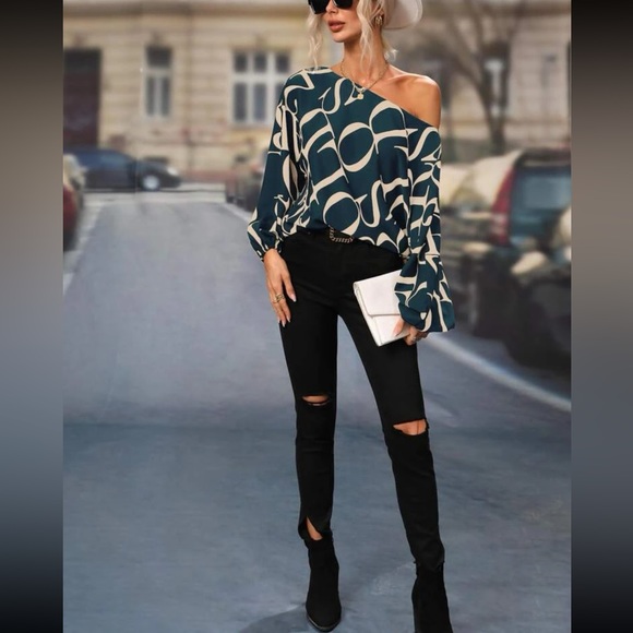 Classic Alphabet Letters Abstract Print Batwing Sleeve Top Blouse Shirt Black - Picture 11 of 11